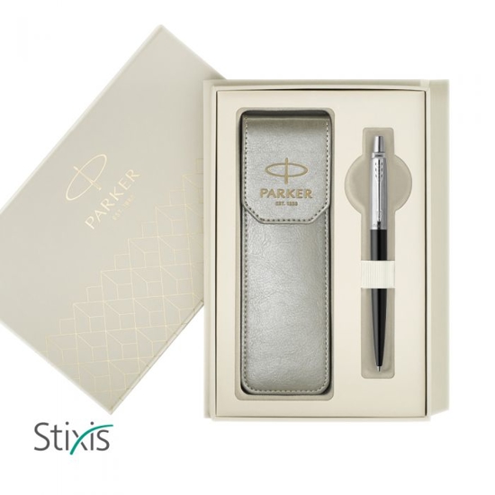 Picture of GIFT SET PARKER BALLPEN JOTTER CR BOND STREET BLACK CT + GREY LATHER CASE