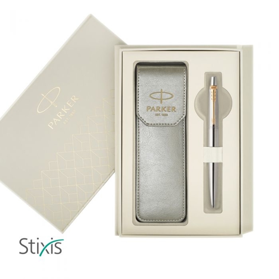Picture of GIFT SER PARKER BALLPEN JOTTER CR STAINLESS STEEL GT + GREY LATHER CASE
