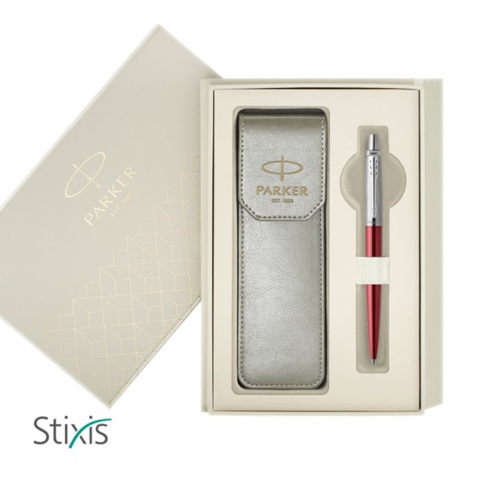 Picture of GIFT SET PARKER BALLPEN JOTTER CR KENSIGTON RED CT + GREY LATHER CASE