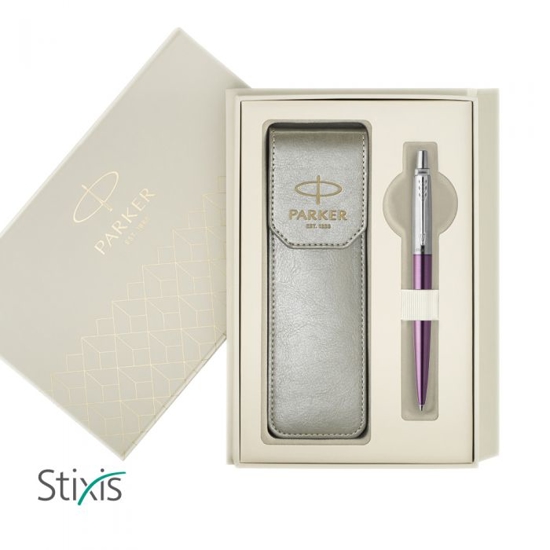 Picture of GIFT SET PARKER BALLPEN JOTTER CR VICTORIA VIOLET CT + GREY LATHER CASE