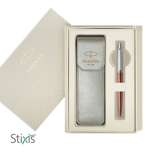 Picture of GIFT SET PARKER BALLPEN JOTTER CR CHELSEA ORANGE CT + GREY LATHER CASE